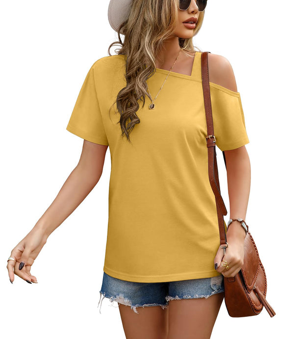 JINKESI Women's Short Sleeve Tunic Tops Casual Summer Cold Shoulder Blouse Shirts