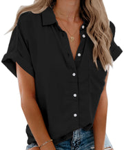 Beautife Womens Short Sleeve Shirts V Neck Collared Button Down Shirt Tops with Pockets