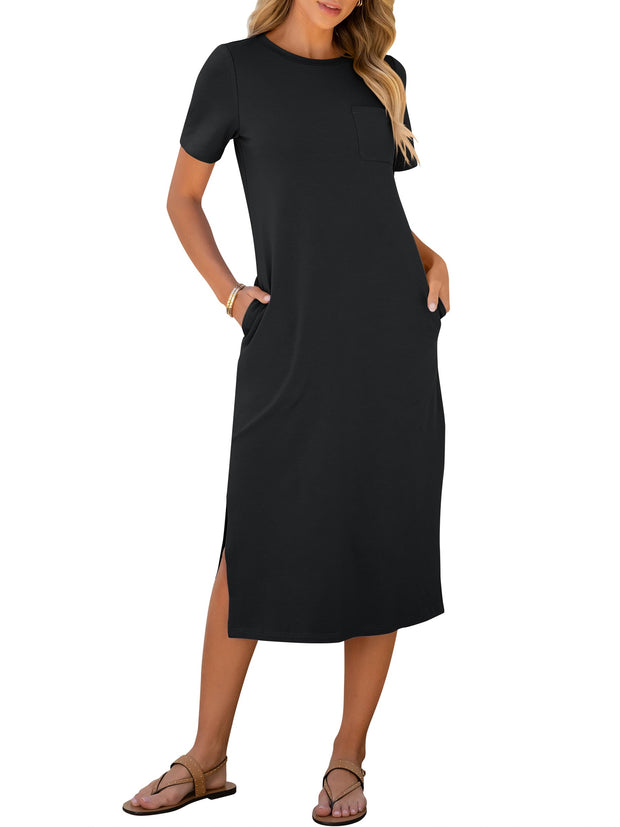 ANRABESS Womens Summer Casual Midi Dress Short Sleeve Crewneck T Shirt Long Dresses Split Stripe Beach Vacation Travel Outfit Small