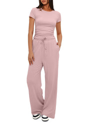 Darong Women's 2 Piece Outfits Lounge Sets Ruched Short Sleeve Tops High Waisted Wide Leg Pants Tracksuit Sets