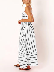 chouyatou Women's Striped Back Smocked Maxi Dress Sexy Spaghetti Strap Cut Out Flowy Swing Long Dress (Small, Apricot)