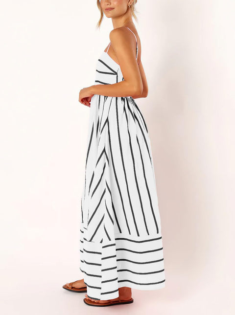 chouyatou Women's Striped Back Smocked Maxi Dress Sexy Spaghetti Strap Cut Out Flowy Swing Long Dress (Small, Apricot)