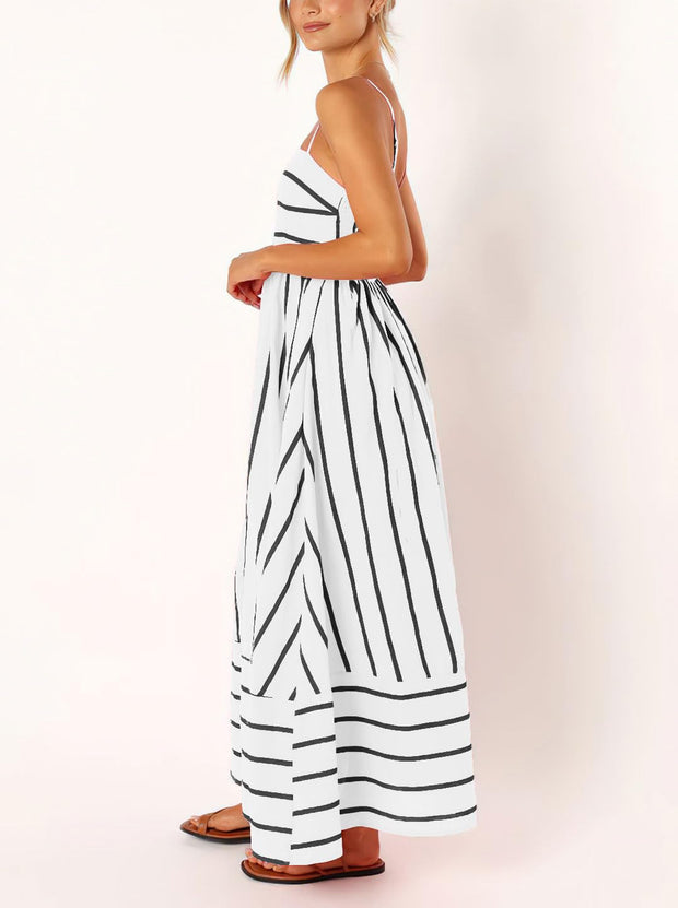 chouyatou Women's Striped Back Smocked Maxi Dress Sexy Spaghetti Strap Cut Out Flowy Swing Long Dress (Small, Apricot)