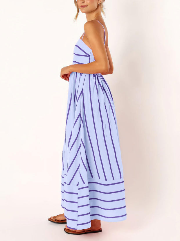 chouyatou Women's Striped Back Smocked Maxi Dress Sexy Spaghetti Strap Cut Out Flowy Swing Long Dress (Small, Apricot)