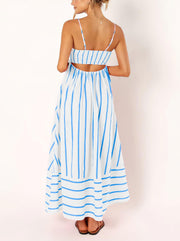 chouyatou Women's Striped Back Smocked Maxi Dress Sexy Spaghetti Strap Cut Out Flowy Swing Long Dress (Small, Apricot)