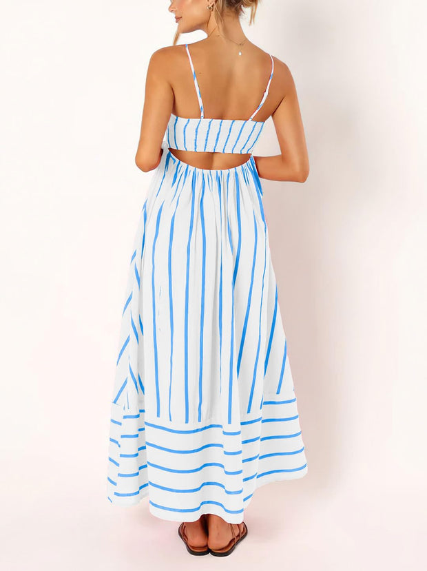 chouyatou Women's Striped Back Smocked Maxi Dress Sexy Spaghetti Strap Cut Out Flowy Swing Long Dress (Small, Apricot)