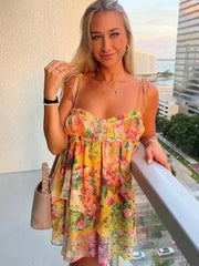 Summer Floral Boho Dresses for Women Spaghetti Straps Beach Dress Ruffle Sexy Mini Dress