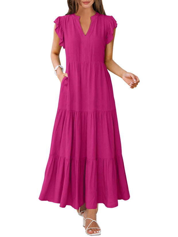 ANRABESS Womens Summer Casual Maxi Dress V Neck Ruffle Sleeve Long Dresses Fashion Flowy Tiered Boho Beach Vacation Sundress Black Large