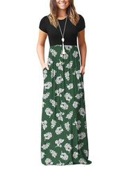 DEARCASE Maxi Dress for Women Black Medium Crewneck Short Sleeves Wedding Guest A-line Casual Party Vintage Spring Summer Beach Long Dresses with Pockets