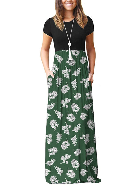 DEARCASE Maxi Dress for Women Black Medium Crewneck Short Sleeves Wedding Guest A-line Casual Party Vintage Spring Summer Beach Long Dresses with Pockets
