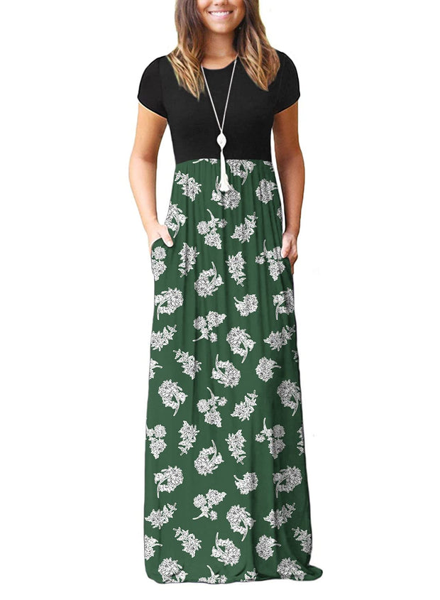 DEARCASE Maxi Dress for Women Black Medium Crewneck Short Sleeves Wedding Guest A-line Casual Party Vintage Spring Summer Beach Long Dresses with Pockets