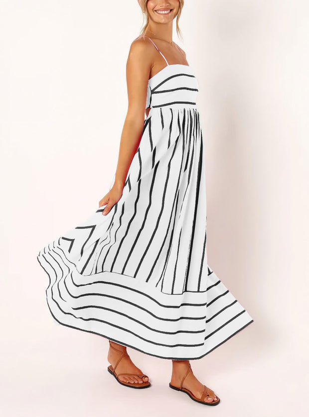 chouyatou Women's Striped Back Smocked Maxi Dress Sexy Spaghetti Strap Cut Out Flowy Swing Long Dress (Small, Apricot)