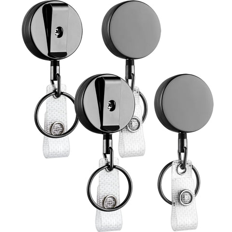 Will Well ID Badge Holder Reel with Clip and Keyring - Heavy-Duty All-Metal Casing with 27.5" UHMWPE Fiber Pull Cord for Durability and Easy Access, Holds up to 8 Keys - 2-Pack, Round, Glossy Black