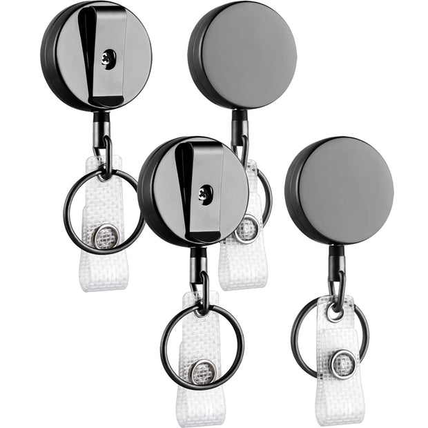 Will Well ID Badge Holder Reel with Clip and Keyring - Heavy-Duty All-Metal Casing with 27.5" UHMWPE Fiber Pull Cord for Durability and Easy Access, Holds up to 8 Keys - 2-Pack, Round, Glossy Black