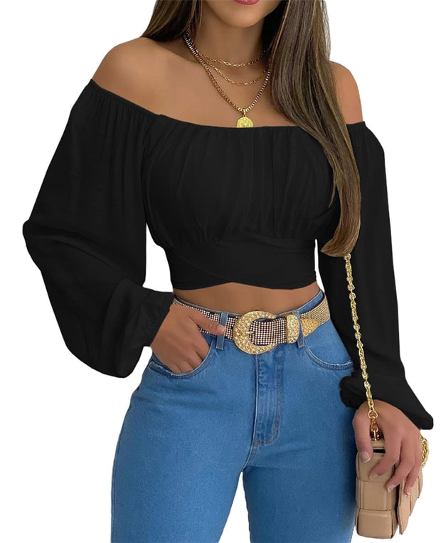 MIRACMODA Woman Off Shoulder Ruched Tie Back Crop Top Summer Lantern Sleeve Boho Shirt Blouse