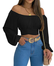 MIRACMODA Woman Off Shoulder Ruched Tie Back Crop Top Summer Lantern Sleeve Boho Shirt Blouse