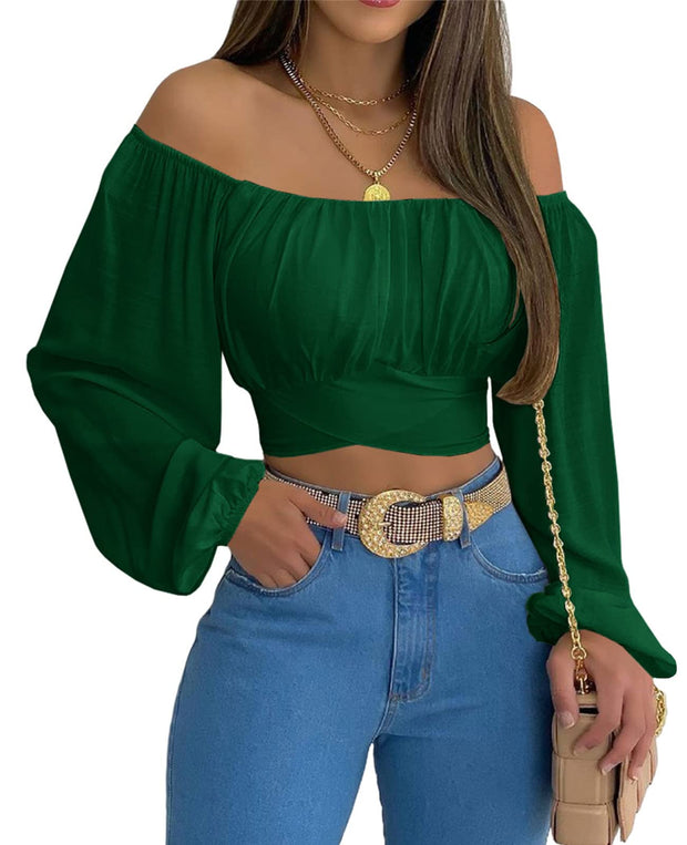 MIRACMODA Woman Off Shoulder Ruched Tie Back Crop Top Summer Lantern Sleeve Boho Shirt Blouse
