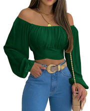 MIRACMODA Woman Off Shoulder Ruched Tie Back Crop Top Summer Lantern Sleeve Boho Shirt Blouse