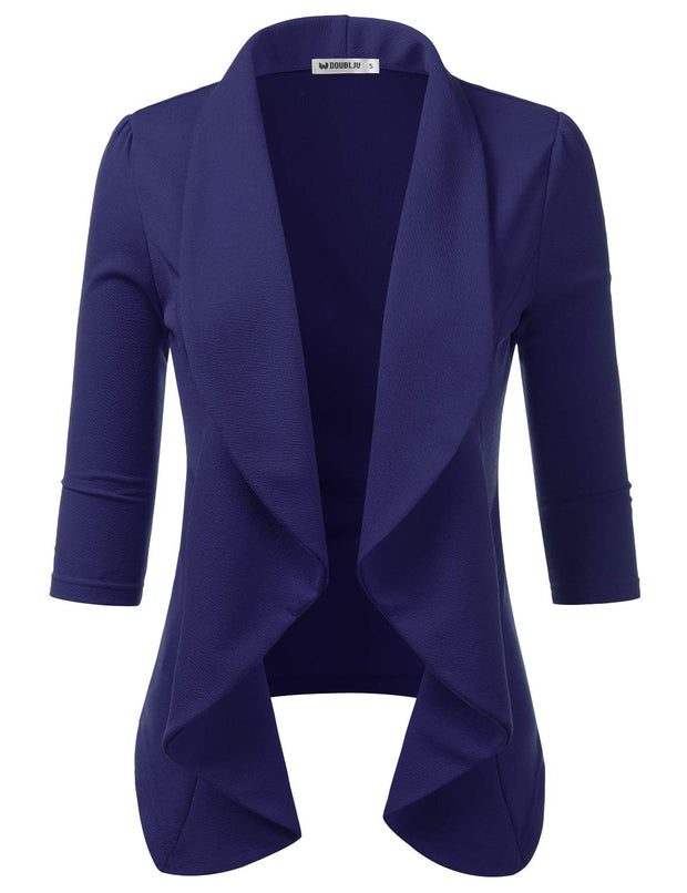 DOUBLJU Lightweight Thin 3/4 Sleeve Open Front Blazer Business Casual Deconstructed Jackets for Womens Clothes with Plus Size