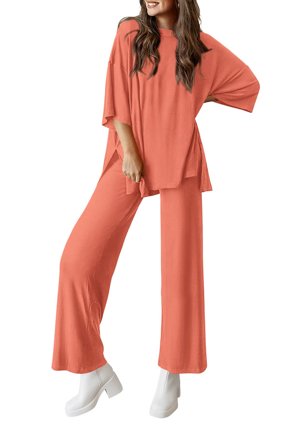 PRETTYGARDEN Women's 2 Piece Outfits Casual Short Sleeve Pullover Tops and Wide Leg Pants Lounge Sets Tracksuits