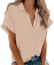 Beautife Womens Short Sleeve Shirts V Neck Collared Button Down Shirt Tops with Pockets