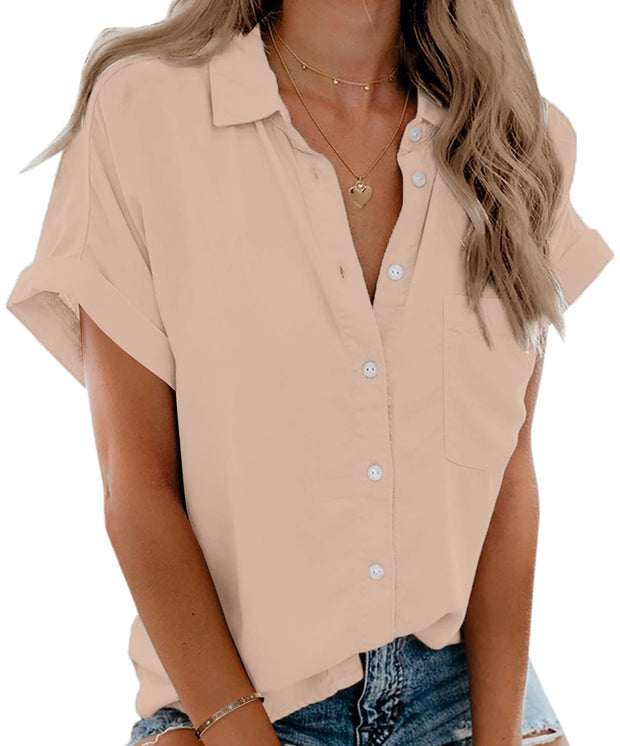 Beautife Womens Short Sleeve Shirts V Neck Collared Button Down Shirt Tops with Pockets
