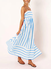 chouyatou Women's Striped Back Smocked Maxi Dress Sexy Spaghetti Strap Cut Out Flowy Swing Long Dress (Small, Apricot)