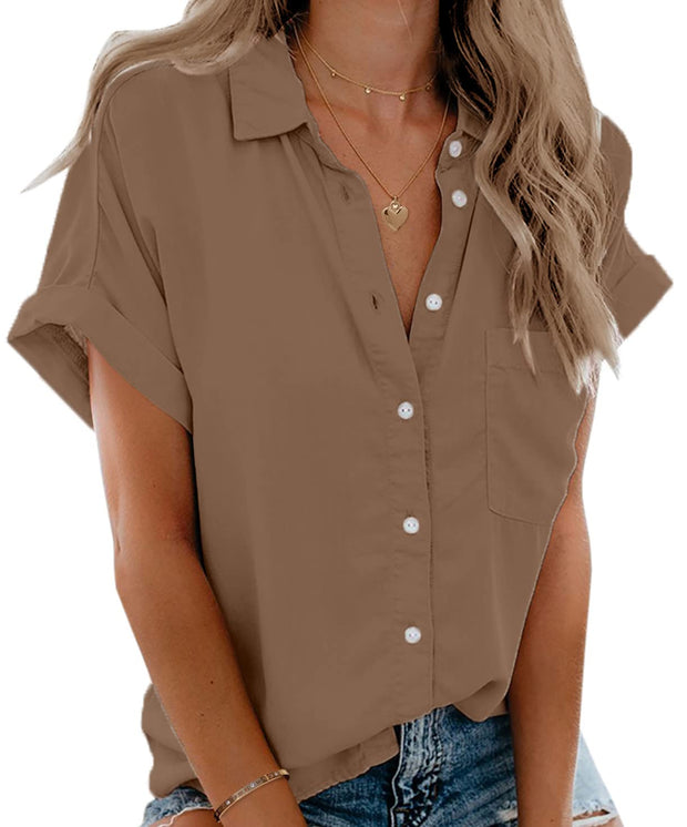 Beautife Womens Short Sleeve Shirts V Neck Collared Button Down Shirt Tops with Pockets