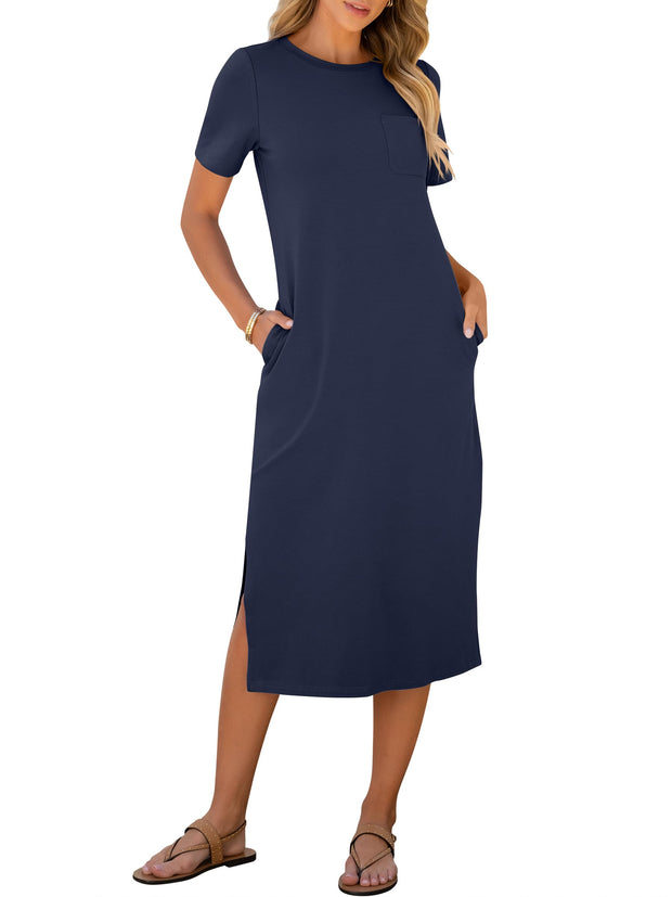 ANRABESS Womens Summer Casual Midi Dress Short Sleeve Crewneck T Shirt Long Dresses Split Stripe Beach Vacation Travel Outfit Small