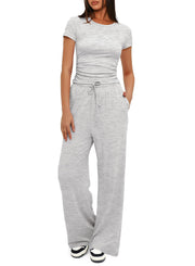 Darong Women's 2 Piece Outfits Lounge Sets Ruched Short Sleeve Tops High Waisted Wide Leg Pants Tracksuit Sets