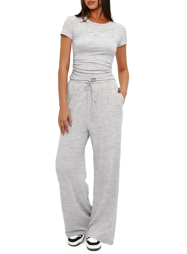 Darong Women's 2 Piece Outfits Lounge Sets Ruched Short Sleeve Tops High Waisted Wide Leg Pants Tracksuit Sets