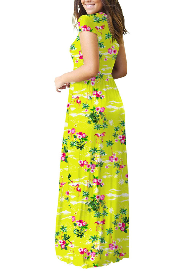 DEARCASE Maxi Dress for Women Black Medium Crewneck Short Sleeves Wedding Guest A-line Casual Party Vintage Spring Summer Beach Long Dresses with Pockets