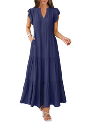 ANRABESS Womens Summer Casual Maxi Dress V Neck Ruffle Sleeve Long Dresses Fashion Flowy Tiered Boho Beach Vacation Sundress Black Large