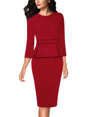 VFSHOW Womens Pleated Crew Neck Peplum Work Business Office Bodycon Pencil Sheath Dress