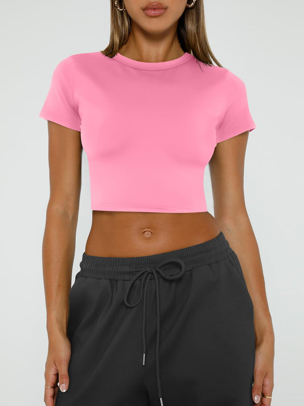 WYNNQUE Womens Crop Tops Cute Summer Scoop Neck Basic Tees Slim Fit Trendy Short Sleeve T Shirts for Teen Girls 2025