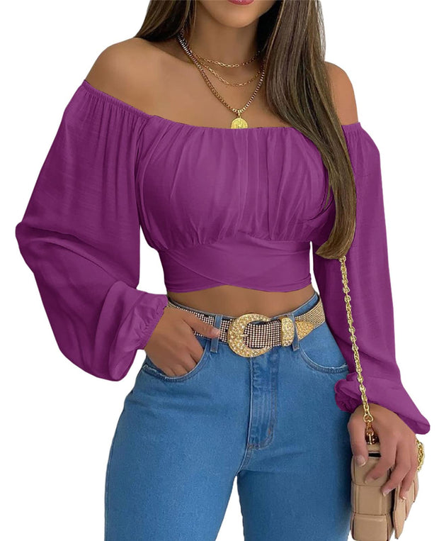 MIRACMODA Woman Off Shoulder Ruched Tie Back Crop Top Summer Lantern Sleeve Boho Shirt Blouse