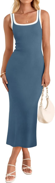 ZESICA Women's 2025 Summer Bodycon Midi Dress Casual Sleeveless Square Neck Side Slit Knit Vacation Long Dresses