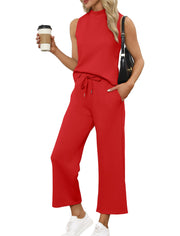 SAMPEEL Two Piece Sets for Women Summer Outfits Lounge Sets Mock Neck Tops Wide Leg Crop Pants Vacation Travel Outfits