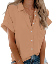 Beautife Womens Short Sleeve Shirts V Neck Collared Button Down Shirt Tops with Pockets