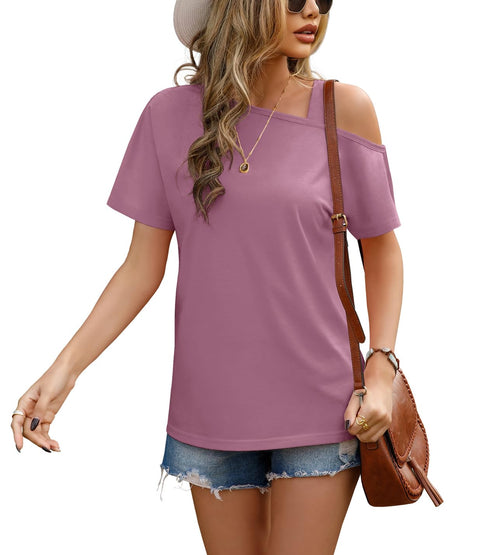 JINKESI Women's Short Sleeve Tunic Tops Casual Summer Cold Shoulder Blouse Shirts