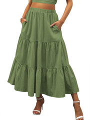 ANRABESS Women’s Summer Boho Flowy Swing Tiered A-Line Maxi Skirt 2025 Fashion Trendy Elastic Waist Pleated Long Beach Dress