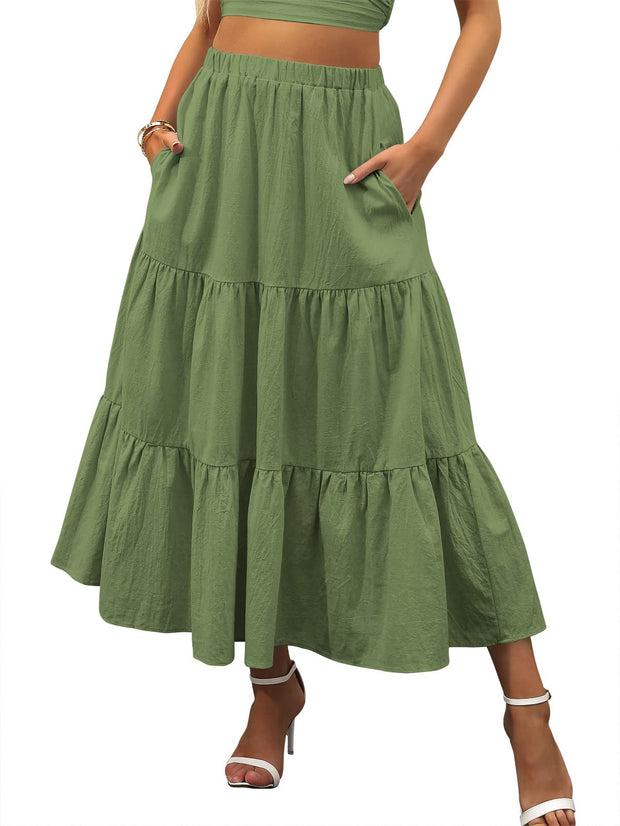 ANRABESS Women’s Summer Boho Flowy Swing Tiered A-Line Maxi Skirt 2025 Fashion Trendy Elastic Waist Pleated Long Beach Dress