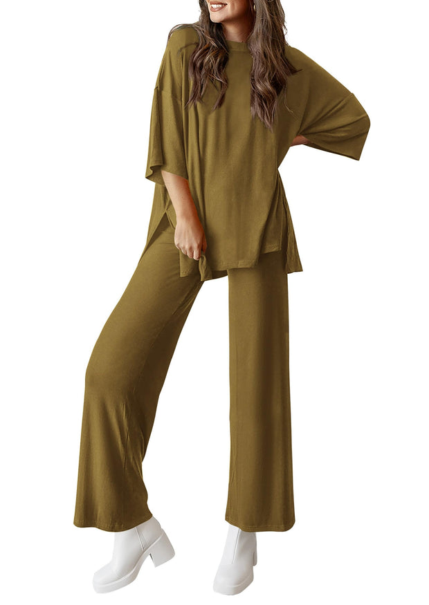 PRETTYGARDEN Women's 2 Piece Outfits Casual Short Sleeve Pullover Tops and Wide Leg Pants Lounge Sets Tracksuits
