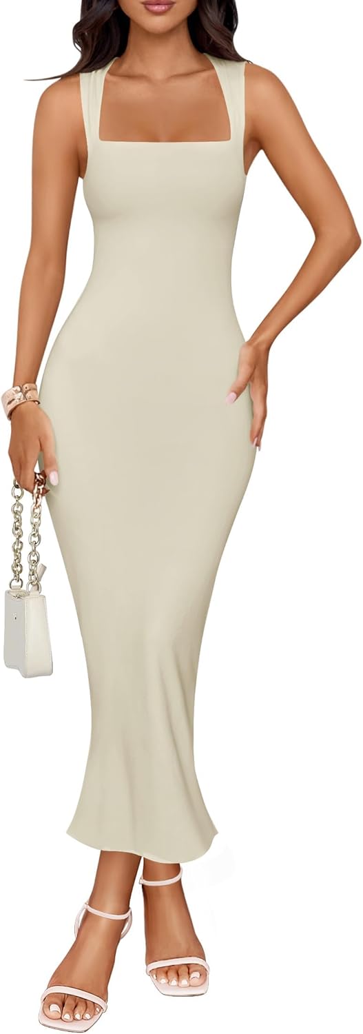 ZESICA Women's Summer Bodycon Midi Dress Sleeveless Square Neck Slim Fit Back Slit Long Cocktail Party Dresses