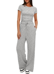Darong Women's 2 Piece Outfits Lounge Sets Ruched Short Sleeve Tops High Waisted Wide Leg Pants Tracksuit Sets