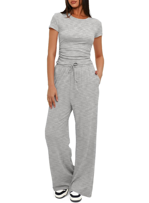 Darong Women's 2 Piece Outfits Lounge Sets Ruched Short Sleeve Tops High Waisted Wide Leg Pants Tracksuit Sets