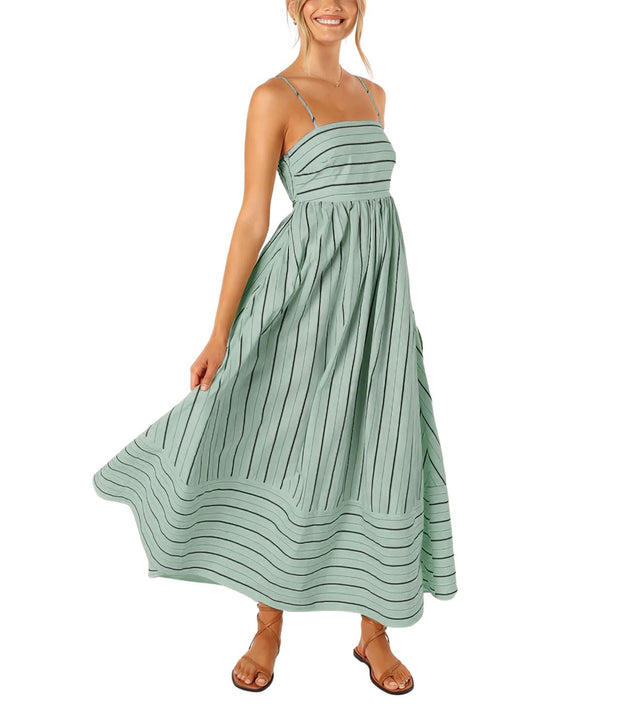 chouyatou Women's Striped Back Smocked Maxi Dress Sexy Spaghetti Strap Cut Out Flowy Swing Long Dress (Small, Apricot)