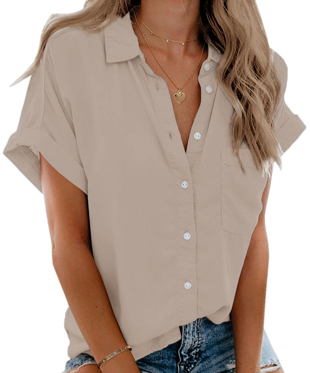 Beautife Womens Short Sleeve Shirts V Neck Collared Button Down Shirt Tops with Pockets
