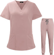 VIAOLI Scrubs for Women Set V-Neck Pocket Top & Drawstring Jogger Scrub Pants Stretch Nursing Scrubs Set Uniform