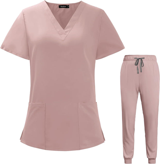 VIAOLI Scrubs for Women Set V-Neck Pocket Top & Drawstring Jogger Scrub Pants Stretch Nursing Scrubs Set Uniform